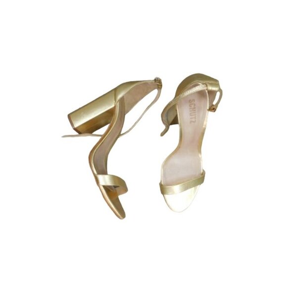 Schutz Size 10 Gold Formal Designer Ankle Strap Heels Leather - Picture 1 of 5